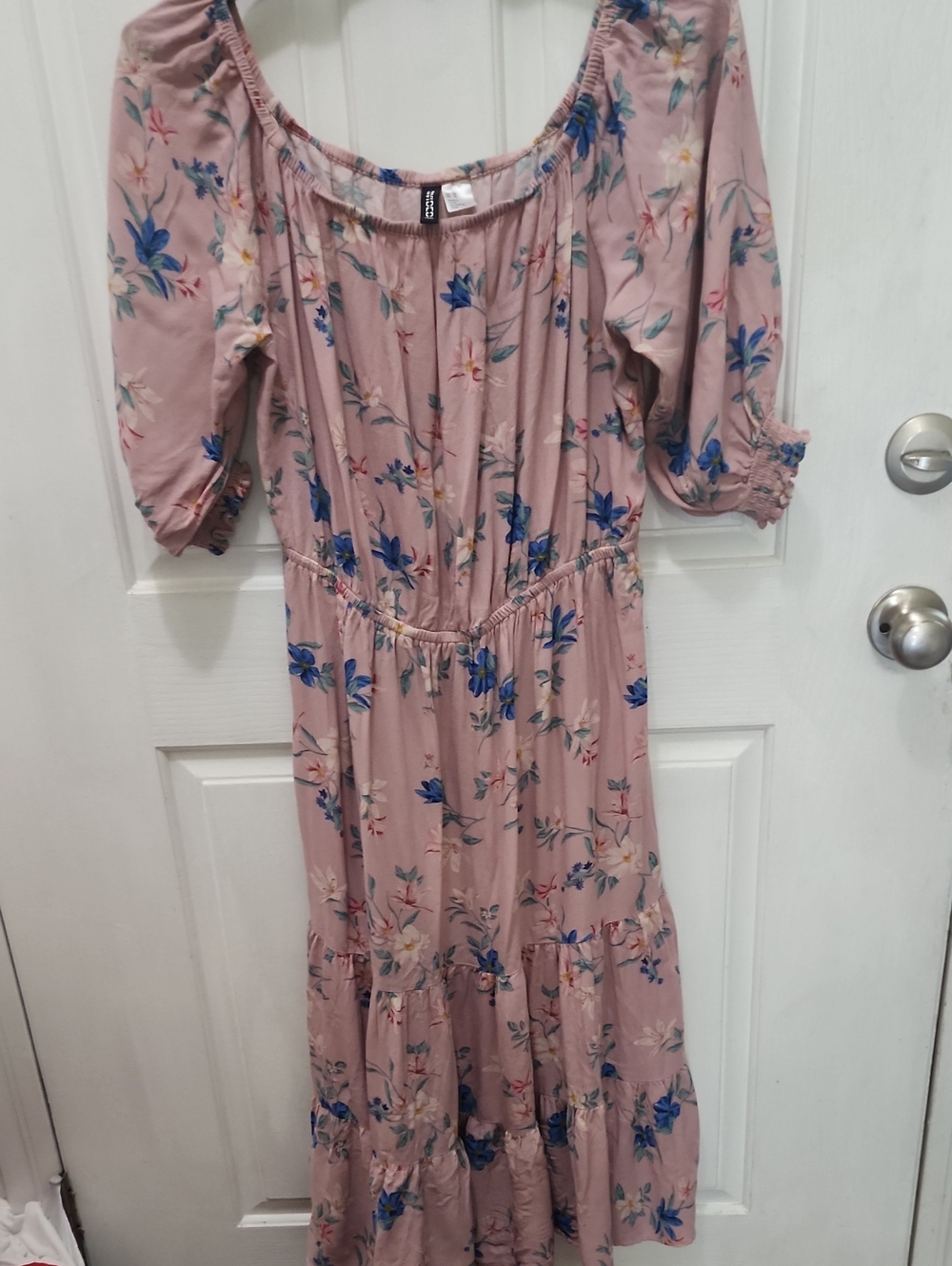 Flowy Pink Floral Midi Dress Tiered Cottagecore Off The Shouler Sz 10